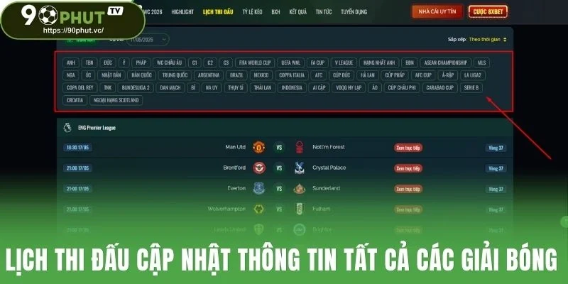 Lịch Thi đấu cập nhật thông tin tất cả các giải bóng
